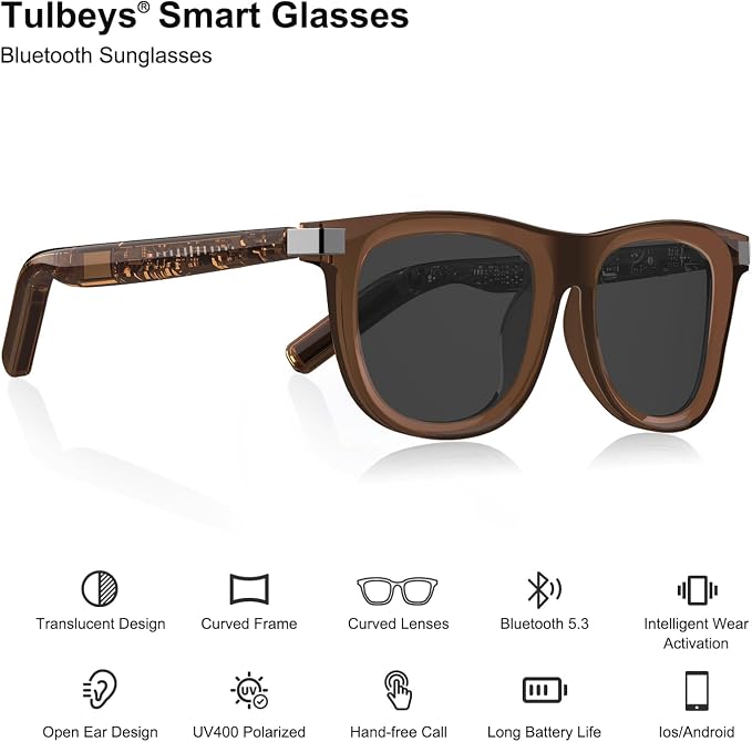 Smart Glasses for Men Women, Open-Ear Audio Bluetooth Glasses, Auto On/Off Sensor, Built-in Mic & Speakers, Voice Assistant, UV Protection Polarized Smart Sunglasses for Outdoor - Brown