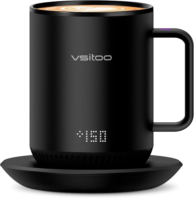 Vsitoo S3 12oz Heated Espresso Mug, Smart Self Heating Coffee Mug for Espresso Lovers, AI Auto-Sensing Temperature Control 120-150℉, Rechargeable Mug Warmer, 316 SS IPX7, Gift for Women Men, Black