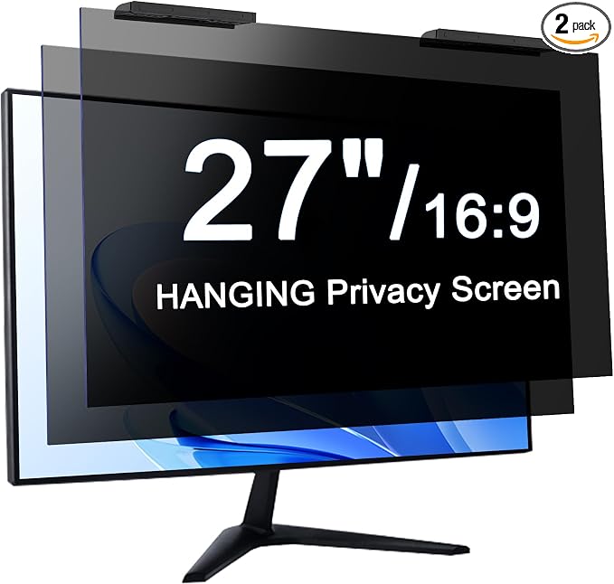 [2-Pack] Hanging 27 Inch Privacy Screen for Computer Monitor Privacy Filter for 16:9 Aspect Ratio, Anti Spy Anti Glare Blue Light, No Adhesive Easy Install Hanging Privacy Screen 27 inch