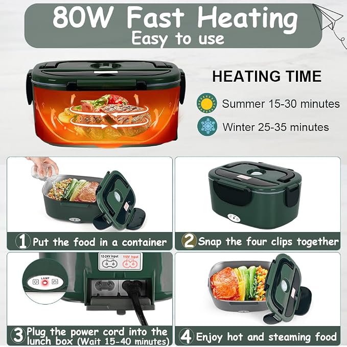 Electric Lunch Box for Adults - 1.5L Single/Double Layer Stainless Steel Food Warmer - 80W Fast PTC Heated Lunchbox, 12V/24V/110V Portable Food Heater for Car&Truck, Office, Camping, Travel(Green)