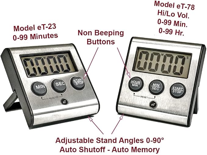 eTradewinds Elegant Digital Kitchen Timers 2 Pack Bundle Featuring Stainless Steel Models eT-23 and Model eT-25, Auto Shutoff Auto Memory