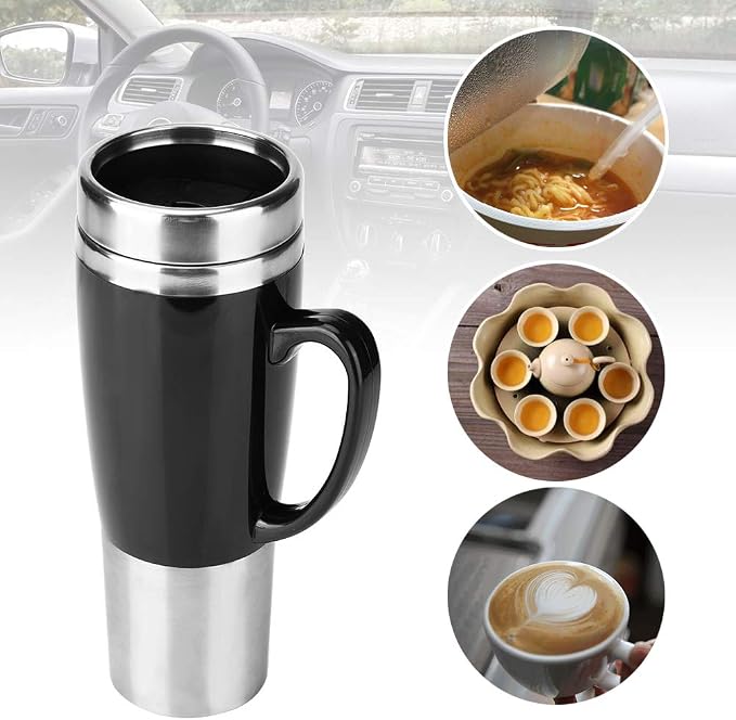 gernie Car Electric Kettle, 12V / 24V 450ml Stainless Steel Heating Cup Portable Car Heated Mug 50W Fast Boiling Electric Coffee Cup with Cigarette Lighter for Winter Travel (Black) (12V)