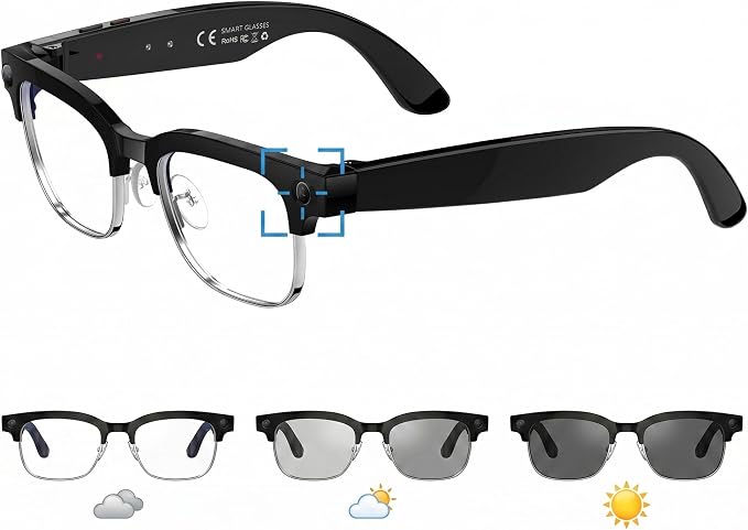 AI Smart Camera Glasses, 1080P HD POV Video Recording and Translator, Object Recognition, Bluetooth Audio for Music Calls, 290mAh Battery, Photochromic Lenses for Vlog, Travel and Work
