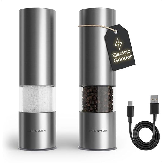 LARS NYSØM Electric Salt and Pepper Grinder Set I Automatic Salt and Pepper Mills with Adjustable Ceramic Grinder I USB Rechargeable Electric Spice Mill Set with LED Light (Stainless Steel)