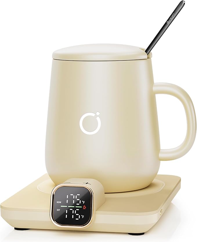 Coffee Mug Warmer & iKago Mug Set, Temperature Control Smart Heated Mug for Desk, Electric Coffee Warmer with Auto Shut Off & Real-Time Temp Display, Gifts for Men Women, 15oz Ceramic Mug