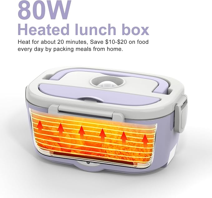 WisaKey Purple Electric Lunch Box Food Heater 80W Heated Lunch Box for Women, 12V 24V 110V 220V Portable Food Warmer Lunchbox hot lunch box for Car Truck Work with 304 SS Container Christmas Gift
