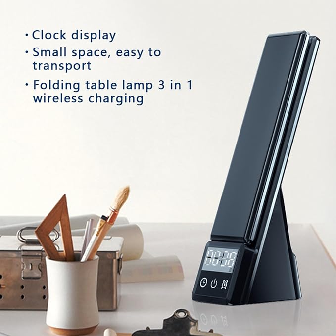 Multi-Functional Desk lamp with Wireless Charger, Featuring Clock, Alarm, Adjustable Lighting, and Supporting All wirelessly Chargeable Phones, Watches, and Earphones, N61 White.