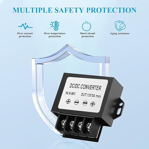 9-36V to 12V 3A 36W DC Converter IP67- Dustproof Voltage Converter with Screwdriver - for Trucks/RVs/Solar/Ships/Buildings in Harsh Environments - Shockproof/Dustproof