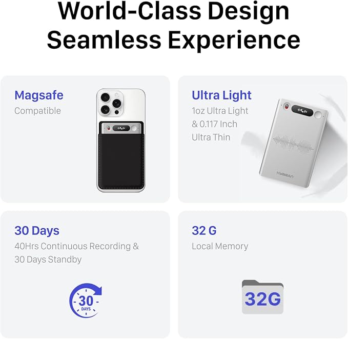 AI Voice Recorder for Phone Calls, Meetings & Lectures | Smart AI Note-Taking Device with Dedicated App for Transcription, Summary & Notes | Magnetic Case, 32GB (Up to 2000 Hours) | PDF Summary