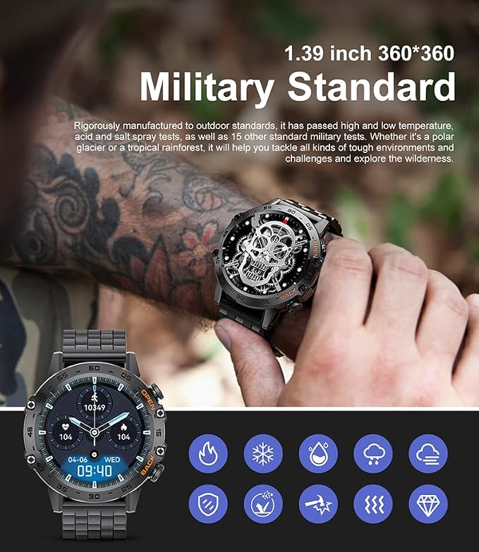 SUNKTA Military Smart Watch for Men(Answer/Dial Calls),1.39''HD Touchscreen,100 Sports Modes, 5ATM Waterproof Fitness Watch,with Blood Pressure/Heart Rate/SpO2 Smart Watch for Android/iOS