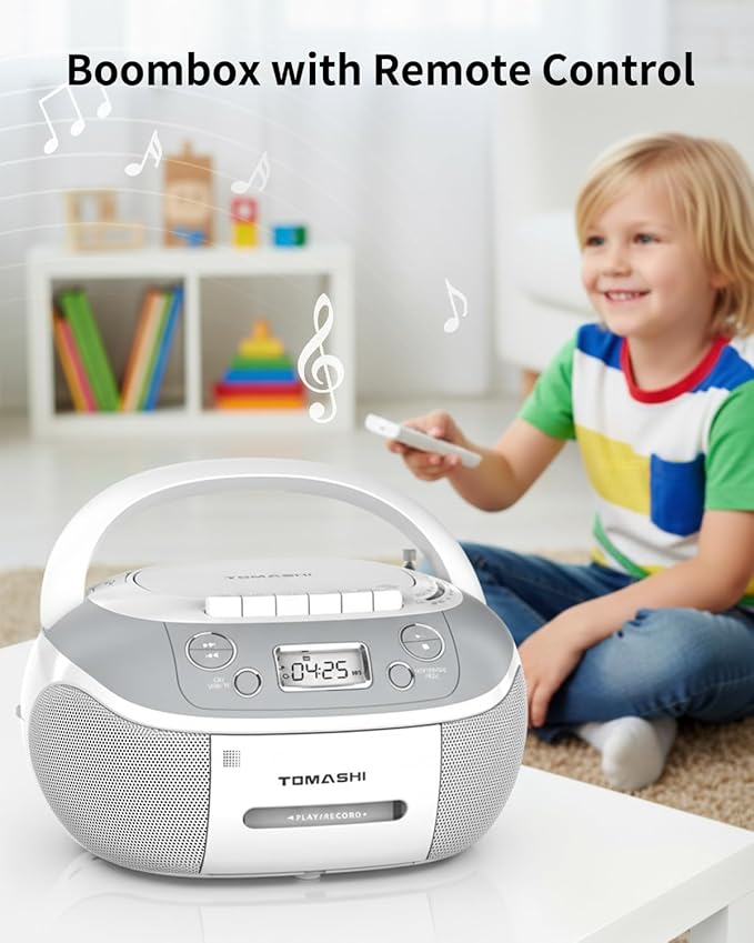 TOMASHI Portable CD Player Boombox with Cassette Player - AM FM Radio,Tape/CD Recording, USB/SD Inputs,Retro Stereo Sound,Dual AC/DC Power,Remote & Backlit LCD - for Home, Camping,Gifts (CD-860A)
