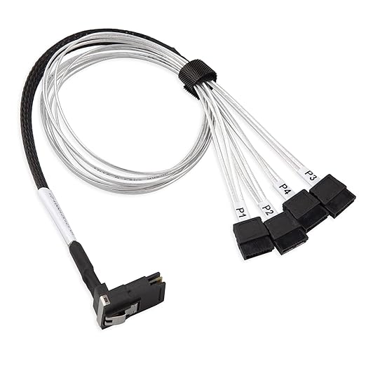 10Gtek MiniSAS SFF-8087 Fan-Out Cable Breakout to 4xSATA, 6Gbps High-Speed Cable for RAID Controllers, Servers & Storage Enclosures, 8087 Right Angle, 0.5-m(1.6ft)
