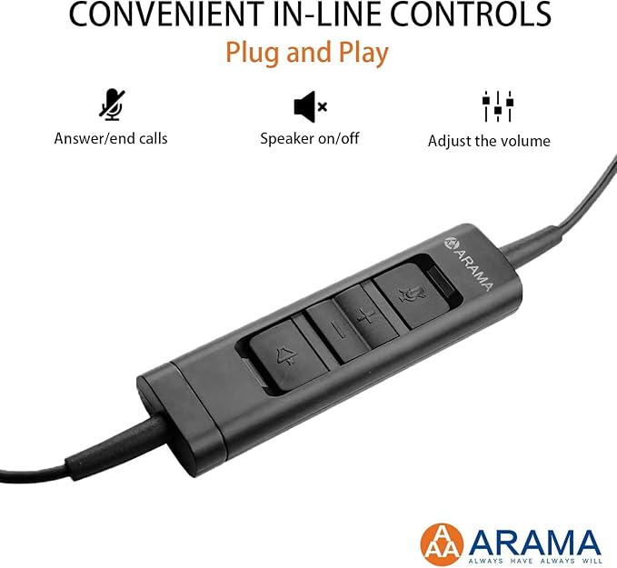 Arama USB Headset with Microphone for PC, Computer Headset with Microphone, Noise Cancelling Adjustable Volume Control Lightweight, for Laptop Business Skype UC Webinar Call Center Office