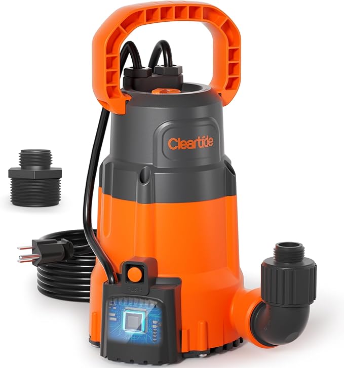 Cleartide 1/4 HP Submersible Utility Water Pump, 2160 GPH High Flow, Portable Sump Pump with Auto Water Sensor for Pool, Flooded Basement, Hot Tub, Pond Draining
