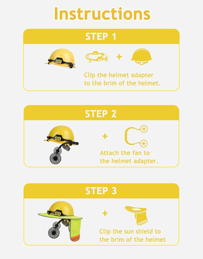 Hard Hat Sun Shade with Rechargeable Fan, Full Brim Visor Cooling Kit with Detachable Neck Fan for Construction Worker Men Women Outdoor Safety Helmet Accessories (No Lights)