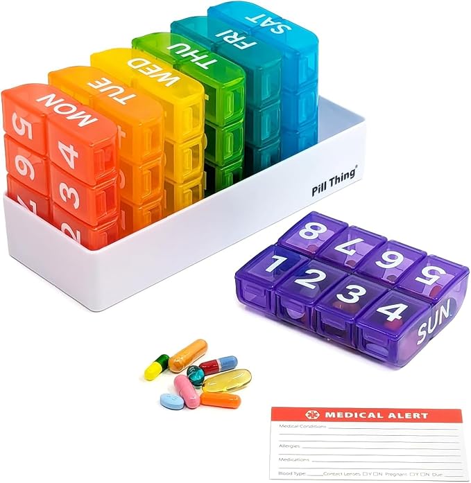 8 Times a Day, 7 Day Large Weekly Pill Organizer with Holder Tray, Vitamin, Medicine Box, Multicolor with Medical Alert Card (8X a Day - 2 Pack)