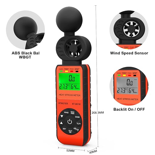 BTMETER Heat Stress Meter Anemometer - Digital Indoor/Outdoor WBGT (Wet Bulb Globe Temperature) Meter with Wind Speed, Ambient Temp, Humidity Tester BT-881W 2pcs