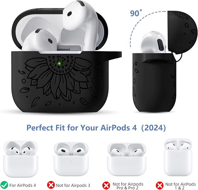 Lerobo for Airpods 4 Case Cover, Floral Engraved Soft Silicone Protective Case with Cleaning Kit & Keychain Compatible with Apple AirPods 4th Gen 2024 for Women,Wireless Charging & LED Visible,Black