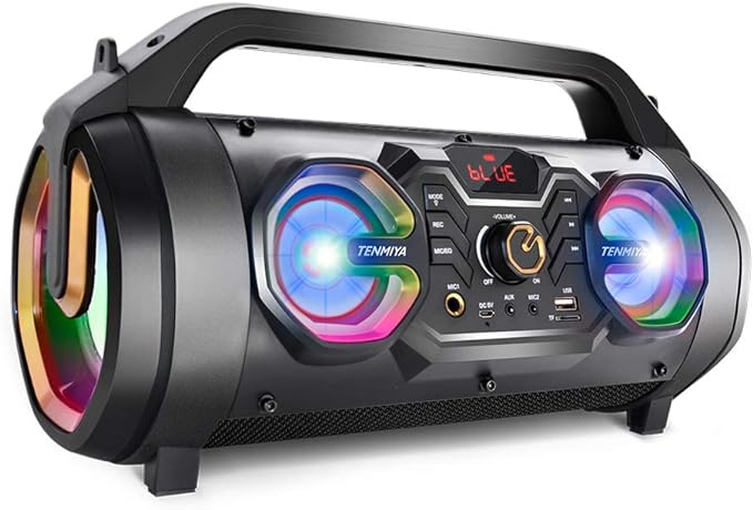 Bluetooth Speaker, 30W Portable Bluetooth Boombox with Subwoofer, FM Radio, RGB Colorful Lights, EQ, Stereo Sound, Booming Bass, 10H Playtime Wireless Party Speaker for Home, Outdoor, Travel, Camping