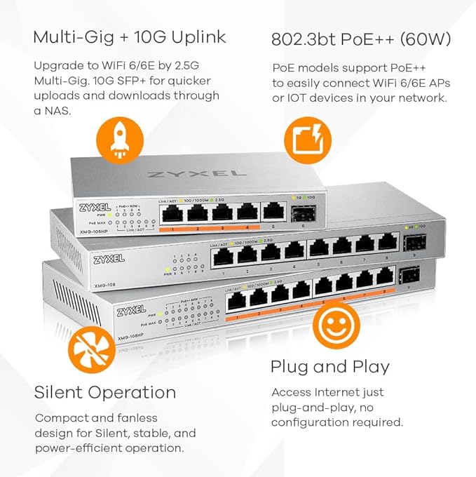 Zyxel 5 Port Network Switch | 2.5Gb Multi Gigabit Switch | Unmanaged | 5X 2.5G, 1x 10G SFP+ | Plug and Play Easy Installation | Fanless | Desktop Ethernet Splitter | TAA Compliant | XMG-105