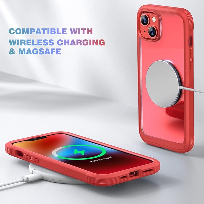 Diaclara Designed for iPhone 14 Plus Case, Full Body Rugged Case with Built-in Touch Sensitive Anti-Scratch Screen Protector, with Camera Lens Protector (Red and Clear)