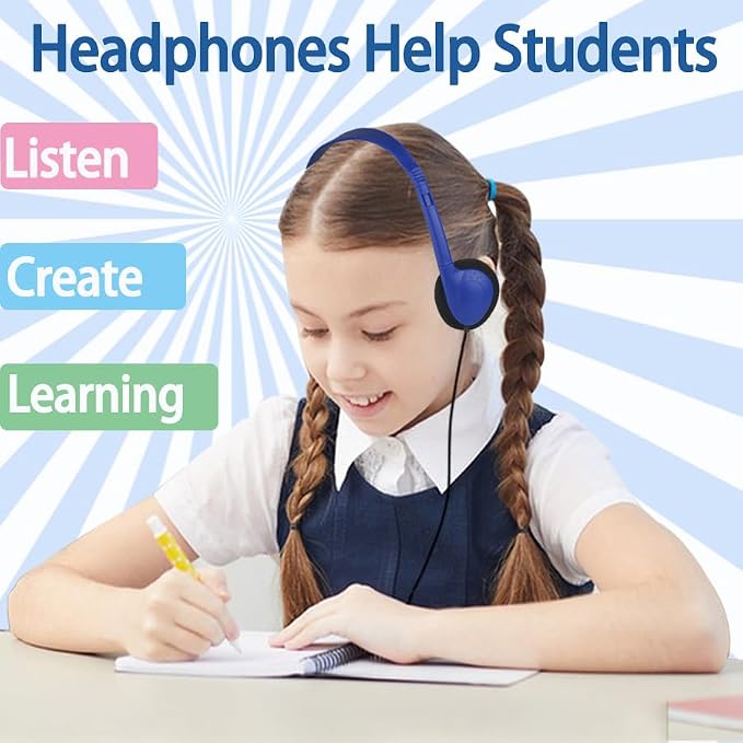 50 Pack Bulk Headphones for Classroom Kids Student School, Wired On-Ear Headphones for Chromebook Laptop Computer, Bulk Wholesale, HQ Stereo Sound 3.5mm Jack(Blue)