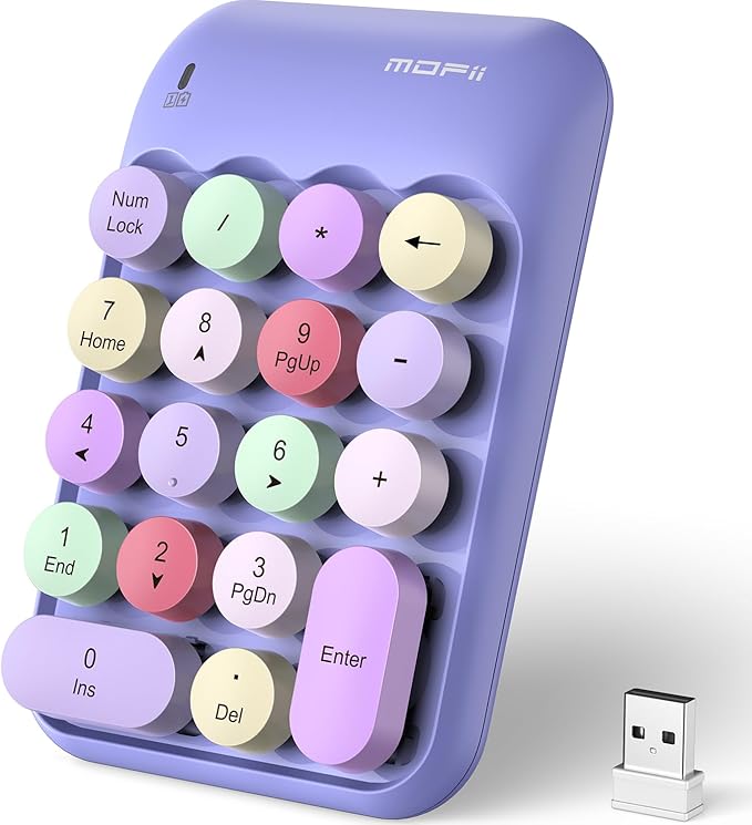MOFII Cute Colorful Wireless Number Pad - 18 Keys, Portable 2.4 GHz with Stable Wireless Connectivity, 10-Key Financial Accounting Extension (Purple Colorful)