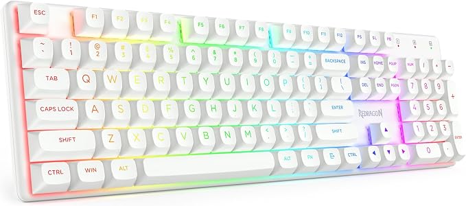 Redragon K710 Wireless Mechanical Gaming Keyboard, Bluetooth/2.4G/Wired Tri-Mode, RGB Backlit, Clicky Blue Switch, Rechargeable Battery, Solid Metal Panel, PBT Keycaps for PC/Mac, White