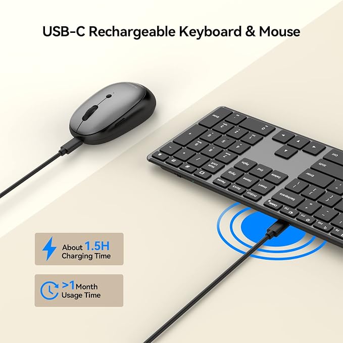 AUSDOM Wireless Keyboard and Mouse Combo, Cordless Quiet Keyboard Mouse Set, Rechargeable Slim Silent Full Size Keyboard with 3 DPI Adjustable Mouse, Ultra-Thin for Windows, Laptop, Black Gray