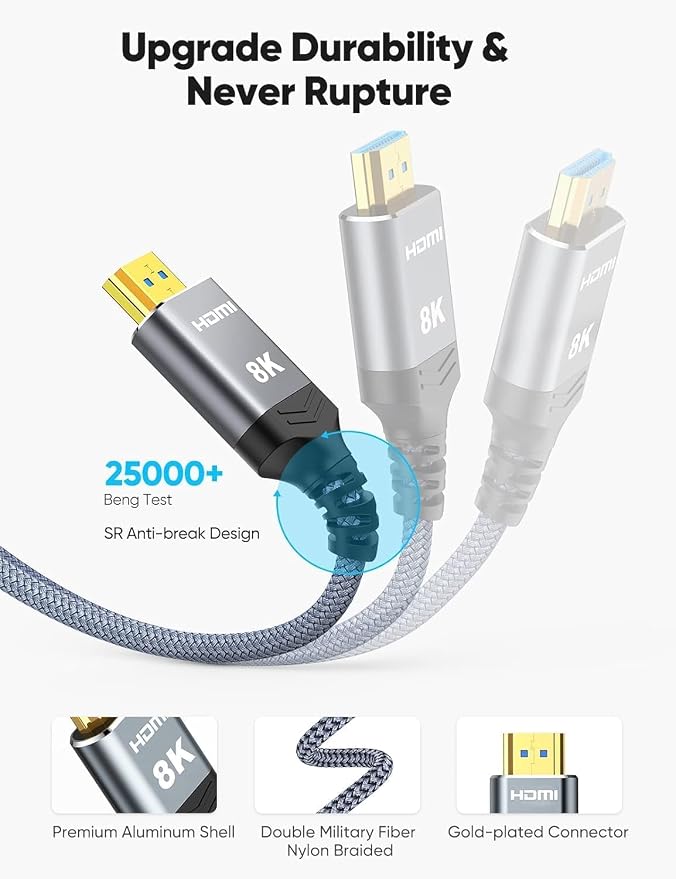 Highwings Long 8K Fiber Optic HDMI Cable 49FT, 2.1 Unidirectional 48Gbps High-Speed Slim HDMI Braided Cord 8K60Hz 4K120Hz HDR/eARC HDCP 2.2/3D Compatible for PS5 and DVD Player