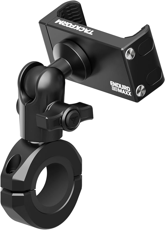 Tackform Black Motorcycle ALL METAL Phone Mount - 20MAXX Spring Cradle | BC3 Universal Clamp Fits 7/8" to 1-1/4" Handlebars | Aluminum | Compatible with iPhones, Galaxy Devices, More | Short Reach Arm