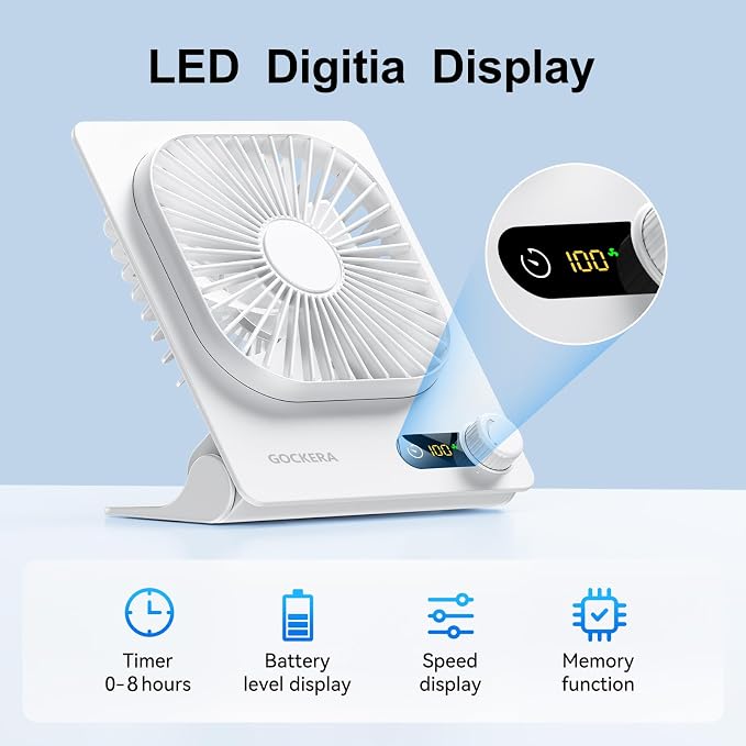 GOCKERA Desk Fan, 6.61''Ultra-thin Battery Powered Fan with Powerful Wind,100 Speeds Adjustable&Digital Display,Timer,Ultra-quiet Small Portable Fan for Bedroom,Office,Travel (White, 5000mAh)