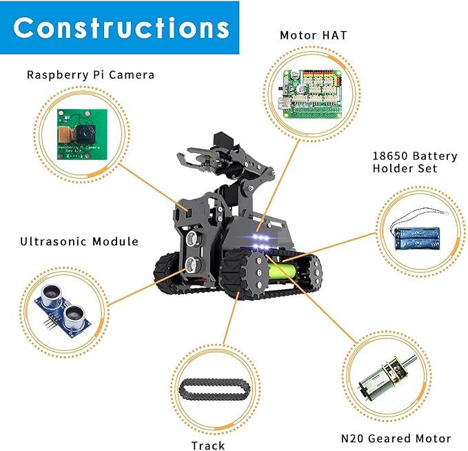 DIY Robot Model Kit for Raspberry Pi 4/3 Model B+/B WiFi Wireless Smart Robot Car Kit with 4-DOF Robotic Arm/OpenCV Target Tracking/Video Transmission Rasptank Robotic Kit with PDF