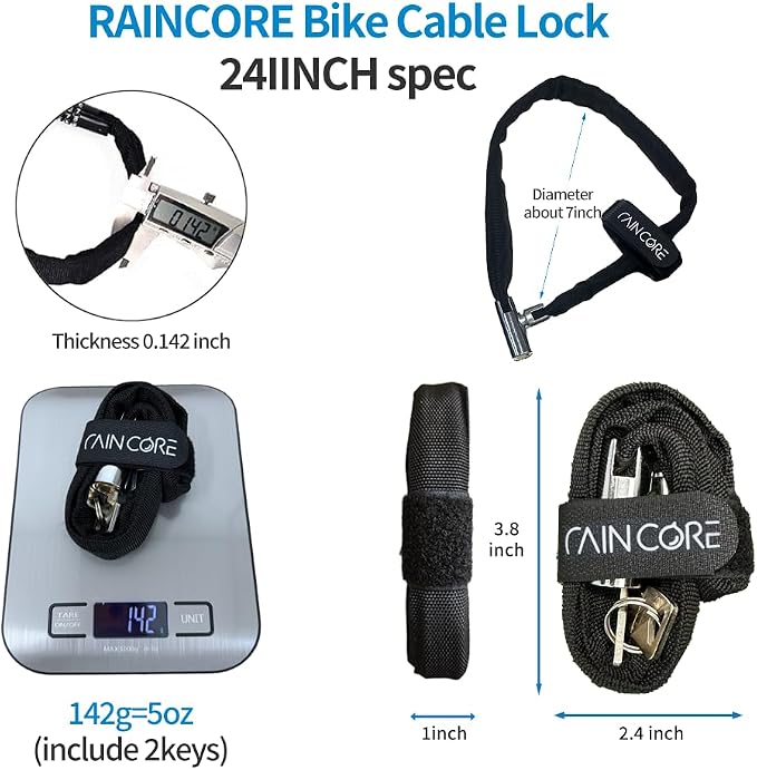 RAINCORE Keyed Bike Cable Lock – Lightweight Cut-Resistant Composite Fiber Security Cable – Anti-Theft Heavy Duty Bicycle Lock – 24inch (60cm), 0.31lb – Patented in Korea (24 inch)