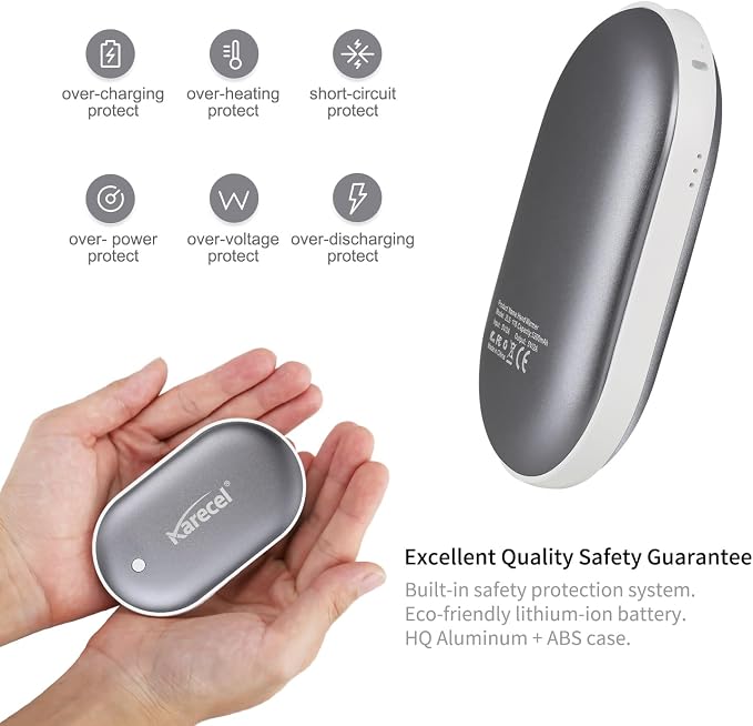 Karecel Hand Warmers Rechargeable 2 Pack, 10400mAh Double-Sided Heat Electric Handwarmers, 4-inch Full-Surface Heat, Reusable Portable Camping Hand Warmer, Gifts Men for Christmas, Winter Essentials