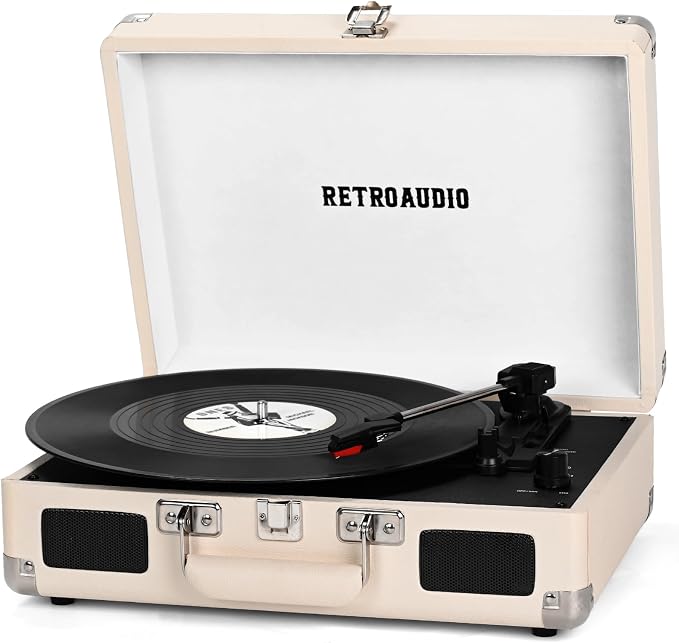 Vinyl Record Player Bluetooth Vintage Portable Suitcase Turntable with Built-in Speakers 3-Speed Belt-Driven Record Player Support RCA Output and Headphone Output (Warm White)