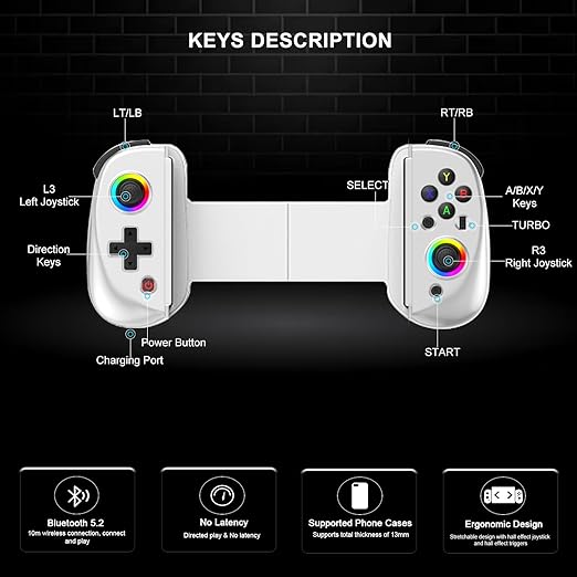 arVin Mobile Gaming Controller for iPad/Tablet[Within 5-10"] Wireless Gamepad for iPhone/Android/PC/Switch/PS4, with RGB Hall Effect Joystick/Turbo/6-Axis Gyro/Vibration/Support Streaming/Cloud Gaming