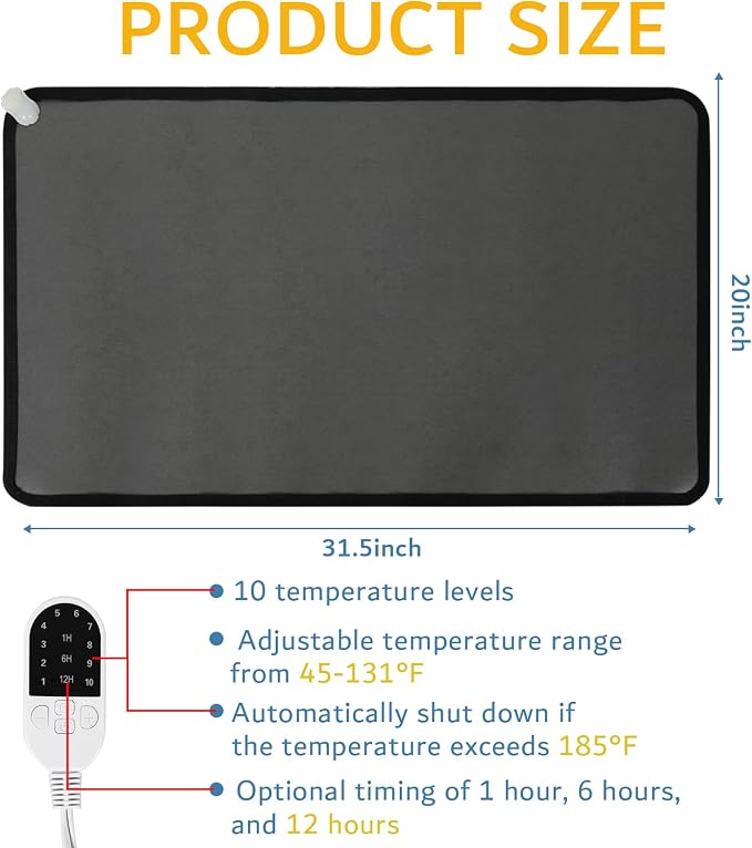 QOUBAI PVC 110V Heated Floor Mat Heater for Foot Warmer Under Desk 31.5 x 20 Inch Electric Heating Pad Energy Saving Carpet Pad Indoor Floor Heated Rug for Home Office Bathroom House Black