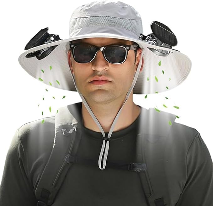 Solar Powered Fan Hat for Men Women - Wide Brim Cooling Hat with 2 USB/Solar Charging Fans, Solar Fan hat - UPF50+ Sun Hat