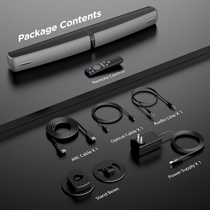 Sound Bar for Smart TV, 90W Soundbar with Bluetooth 5.3/ARC/Optical/AUX Connect, Auto Volume Boost, 3 Customizable Equalizer Modes, 2 in 1 Detachable Soundbar for TV/PC/Gaming/Projectors
