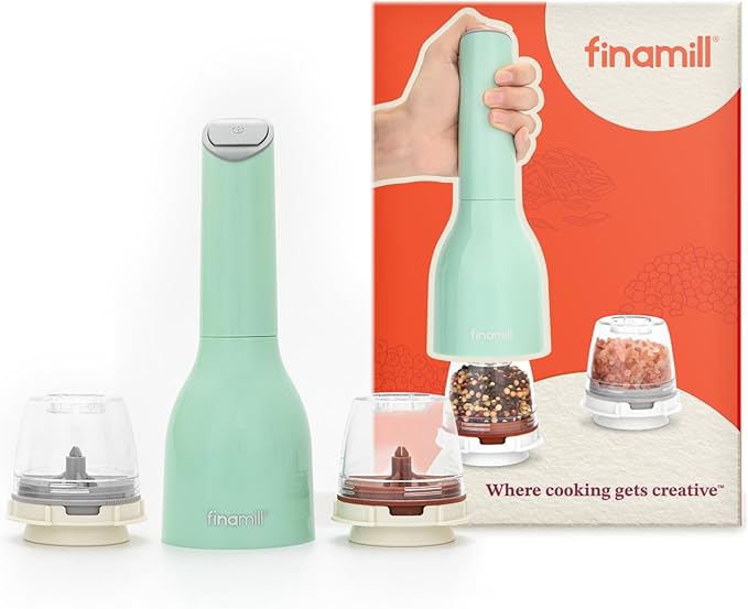 FinaMill Classic Battery Spice Mill – Battery Operated Salt and Pepper Grinder Set, Includes 2 Interchangeable Spice Pods, Adjustable Coarseness, LED Light, Home and Kitchen Gift Set for Father's Day