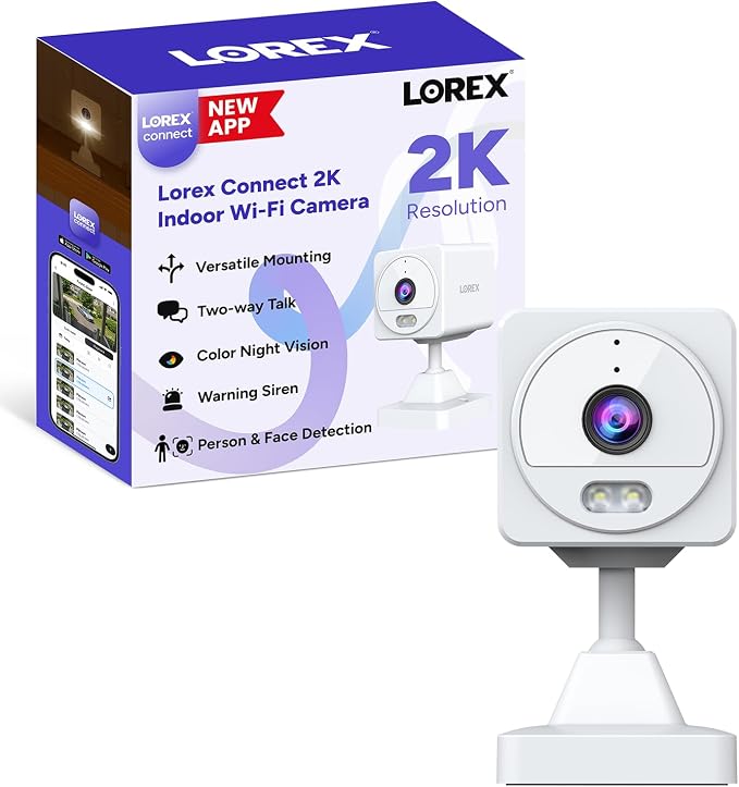 Lorex Connect 2K Indoor Wi-Fi Camera | New APP | Color Night Vision | Person & Face Recognition | Versatile Mounting | 2-Way Talk | 24/7 Recording | Privacy Mode | Local SD or Cloud Storage Option