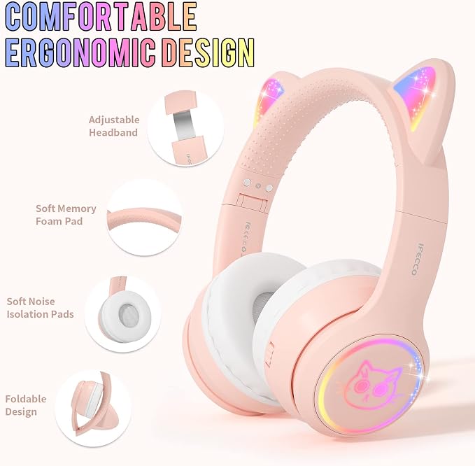 IFECCO Wireless Kids Headphones with Microphone,Foldable Cute Light Up Cat Ear Children Girls Bluetooth Headphones with Case for School Gifts Travel