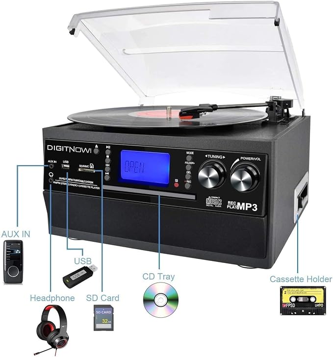 DIGITNOW 9-in-1 Record Player with Stereo Speaker, 3-Speed Turntable for Vinyl, CD/Cassette Player, Bluetooth, USB/SD Playback, AM/FM Radio, Aux-in, Remote Control (Black)