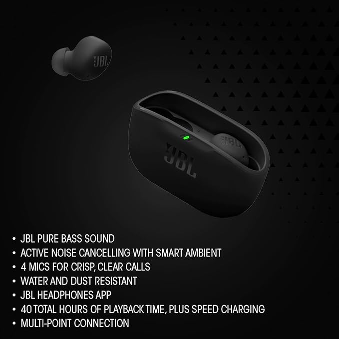 JBL Vibe Buds 2 - True Wireless Noise Cancelling Earbuds with JBL Pure Bass Sound & Smart Ambient technology, 4mics for crisp, clear calls, up to 40Hrs of Playback, IP54 Dust & Water resistant (Black)