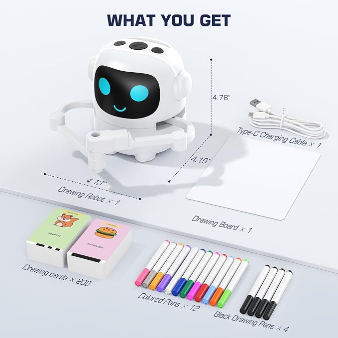 Drawing Robot for Kids, 200 Cards Voice Interactive Educational Toy for 3 4 5 6 7 8 Year Old Boys and Girls. Montessori Painting Learning Robot with Music, Party Birthday Gifts