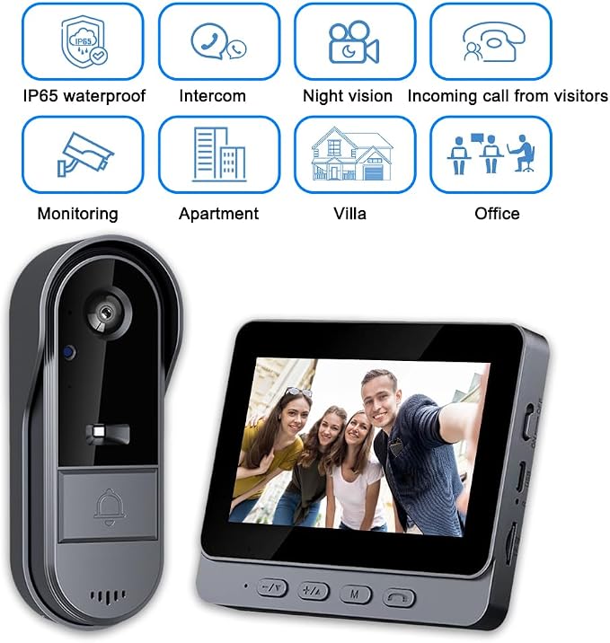 TKMARS Doorbell Camera Wireless No Subscription 1080P, Waterproof Door Bell Camera with Monitor Screen Free Storage NO WiFi and APP Needed, Video Intercom Two-Way Audio, 170° View Angle,Night Vision
