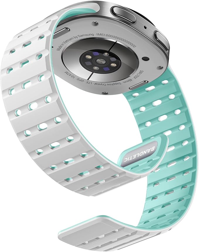 Bandletic Magnetic Silicone Band Compatible with Samsung Galaxy Watch 8 40mm 44mm / Watch 8 Classic 46mm 2025, No Gap Soft Breathable Replacement Strap for Men Women, White/Turquoise