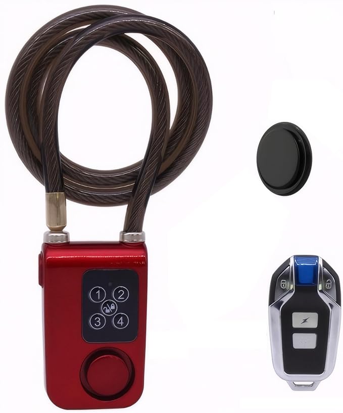 Mengshen Bike Alarm Antitheft Lock with Tracker Remote Control PIN Code Red | Remote Control & PIN Code Access, 10mm Anti-Theft Chain, Motorcycle Bike Stroller Gate, Waterproof