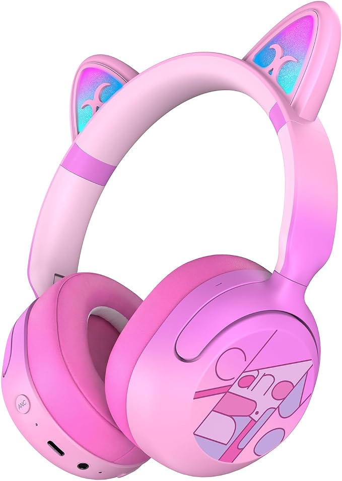 Kids Bluetooth Headphones with LED Cat Ears, Active Noise Cancelling Headphones for Kids, 85dB Safe Volume, 40H Play Time, Bluetooth 6.0, Fast Charging, Built-in Mic for iPad/Tablet/Airplane, Pink